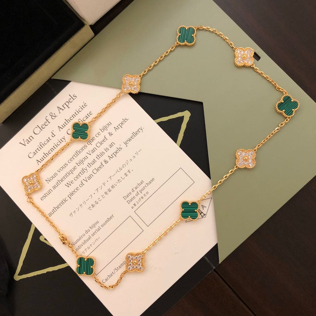 18K Vintage Alhambra Malachite Diamonds 10 Motifs Necklace