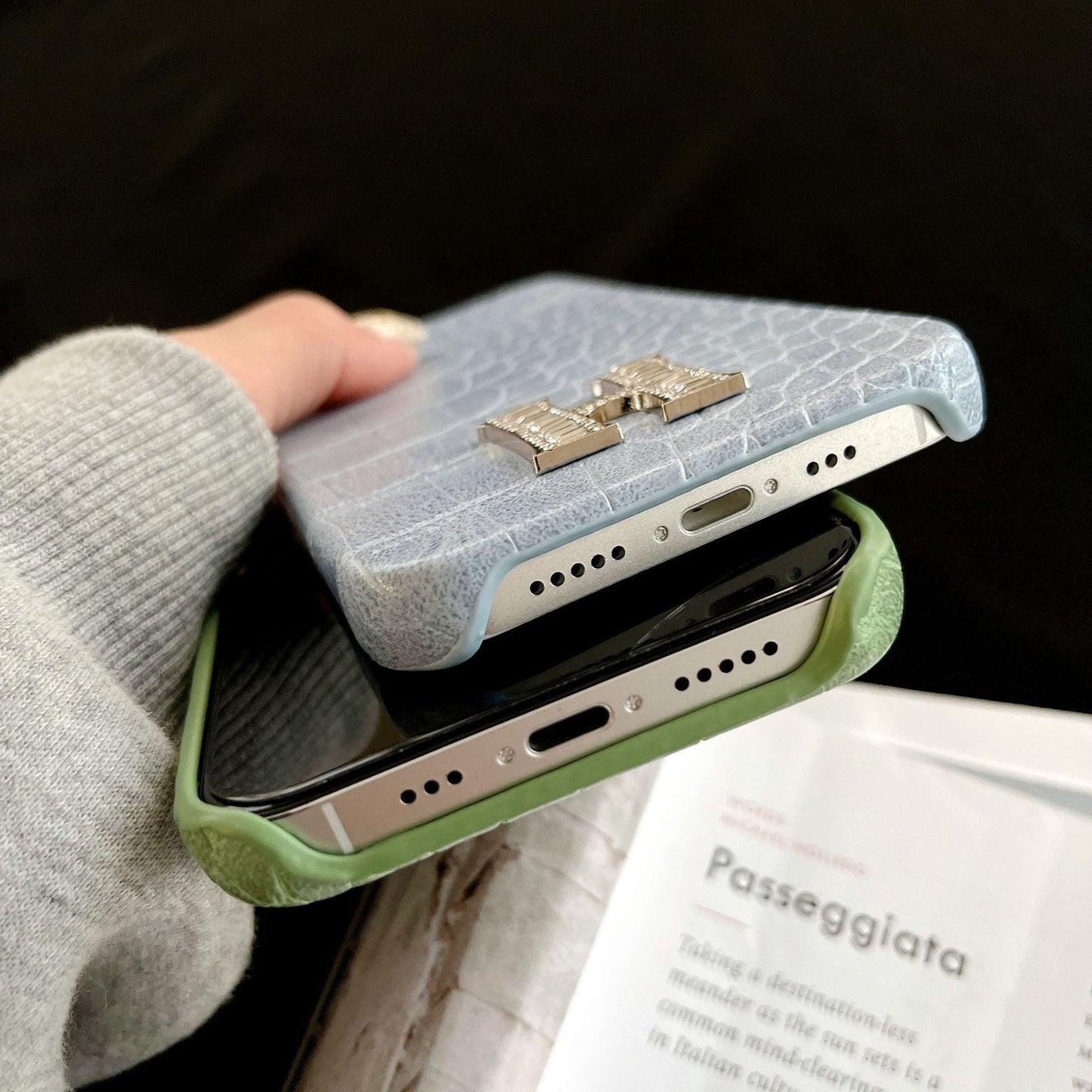 H Crocodile Pattern Color Leather iPhone Case