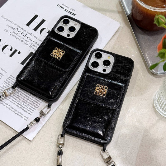 Loe Black Leather Card Bag Chain iPhone Case