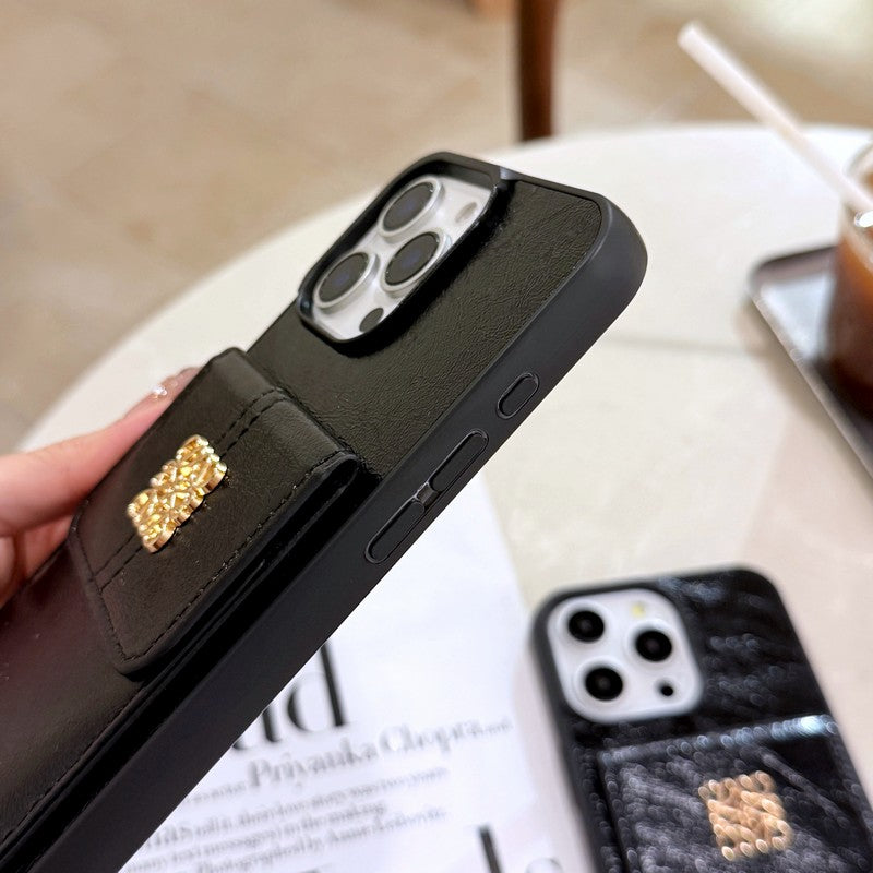 Loe Black Leather Card Bag Chain iPhone Case