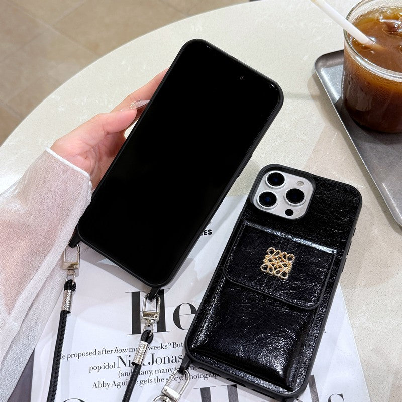 Loe Black Leather Card Bag Chain iPhone Case