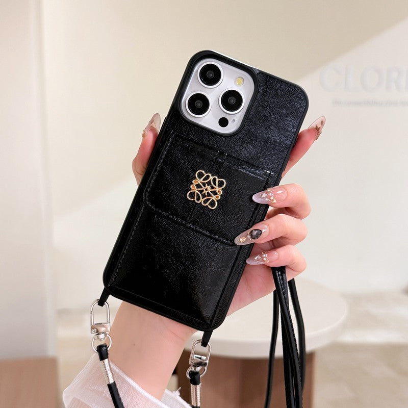 Loe Black Leather Card Bag Chain iPhone Case