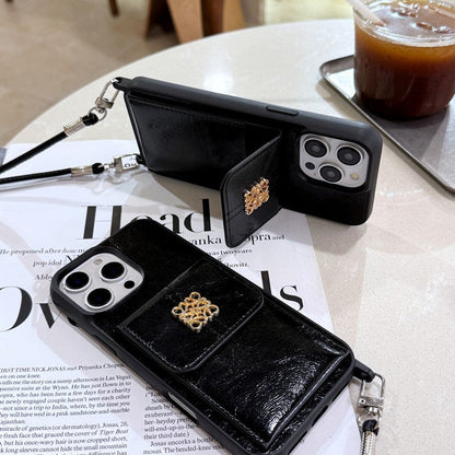 Loe Black Leather Card Bag Chain iPhone Case