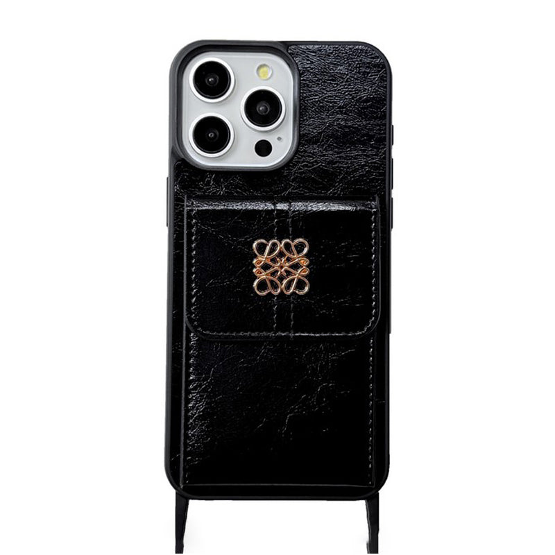 Loe Black Leather Card Bag Chain iPhone Case