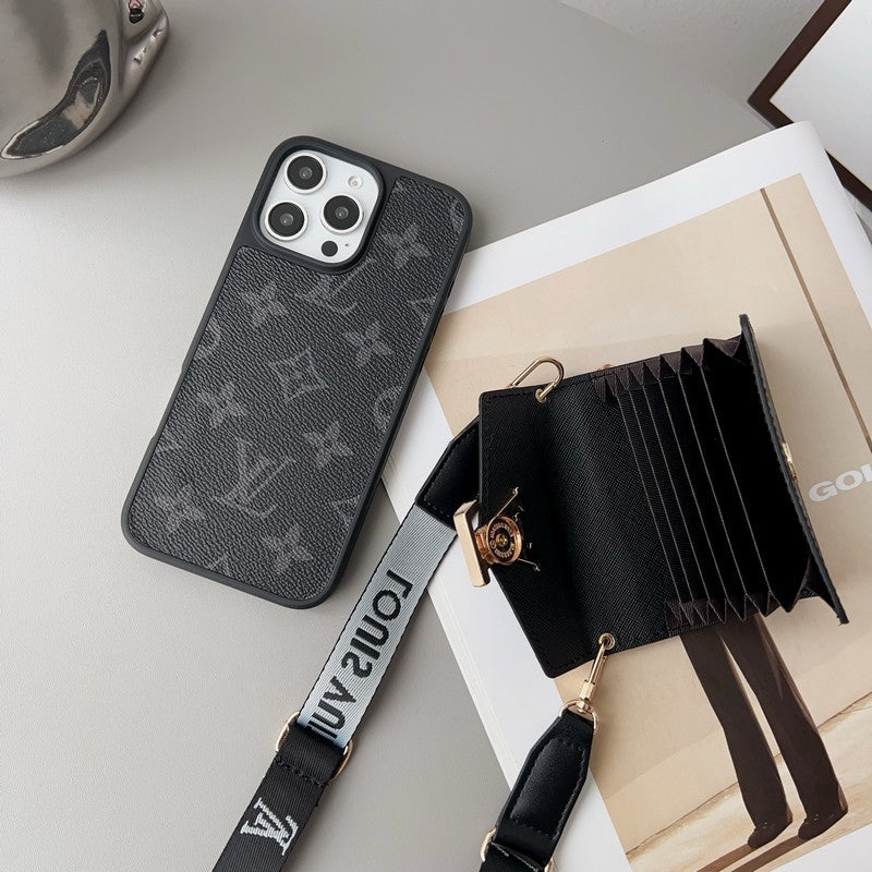 Lou Card Holder Brown Black Crossbody iPhone Case