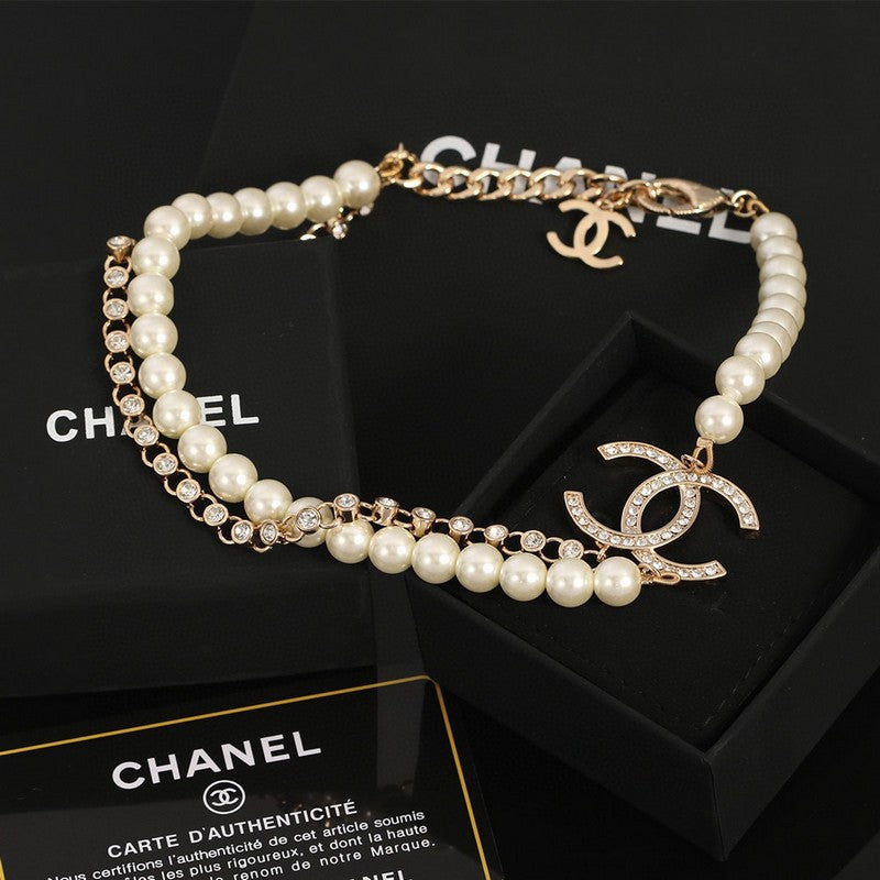 18K CC Double Chain Pearls Necklace