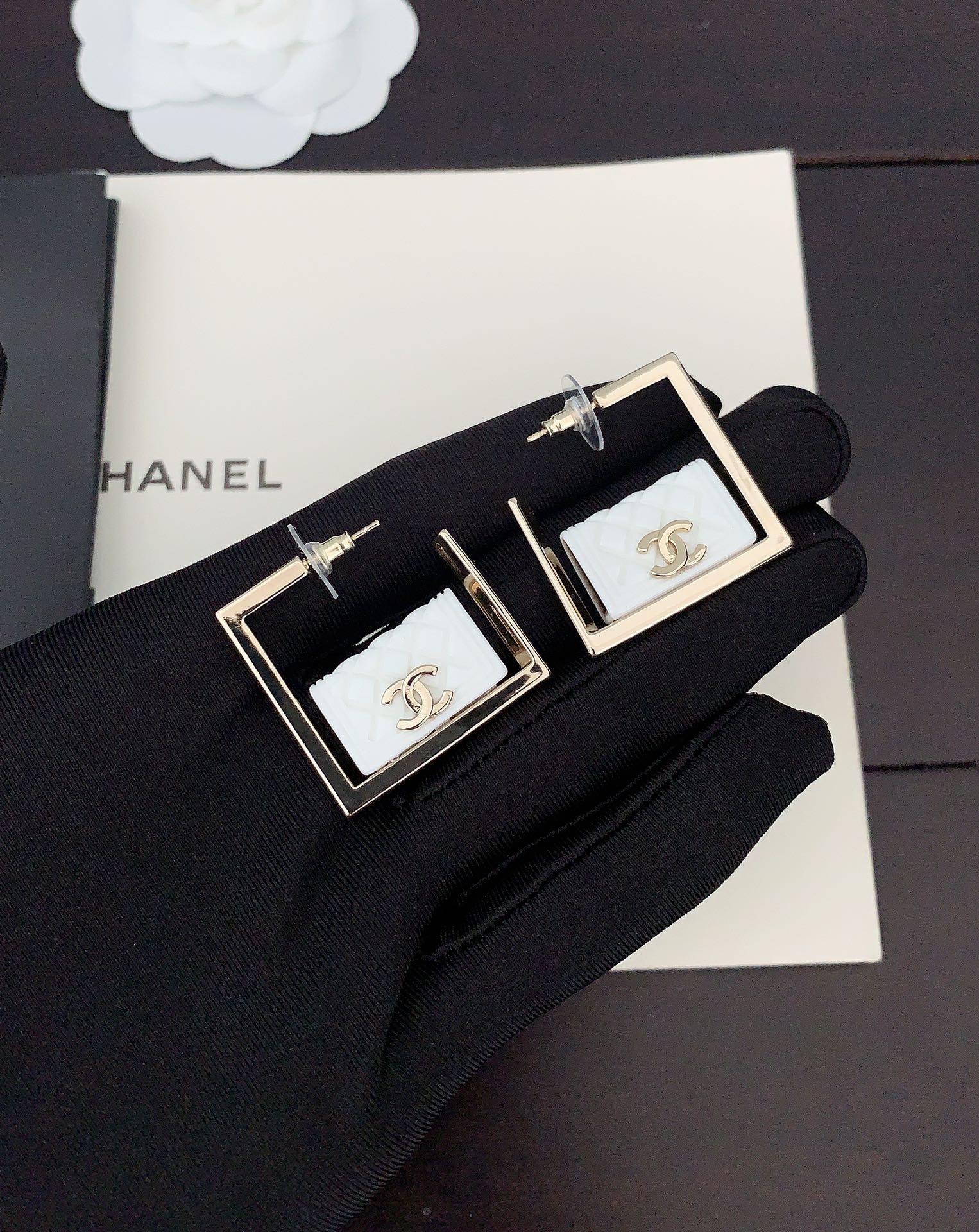 18K CC White Bag Pendant Earrings