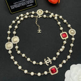 18K CC Red Crystal Pearl Long Necklace