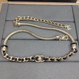 18K CC Black Leather Gold Chain Necklace