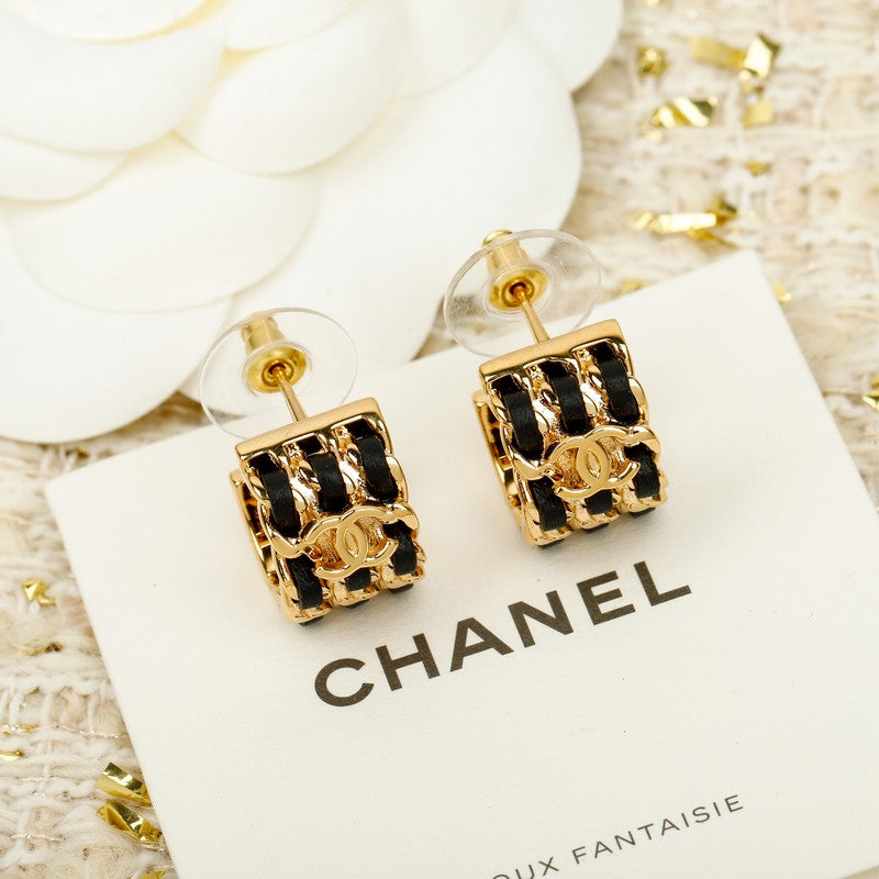 18K CC Half Circle Leather Gold Earrings