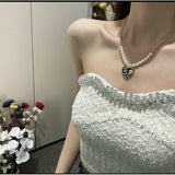18K CC Pink & Black Heart Pearl Necklace