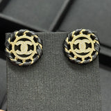 18K CC Black Leather Round Earrings