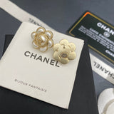 18K CC Flower Pearl Gold Earrings