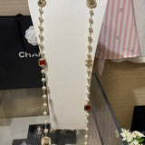 18K CC Long Pearl Red Crystals Necklace
