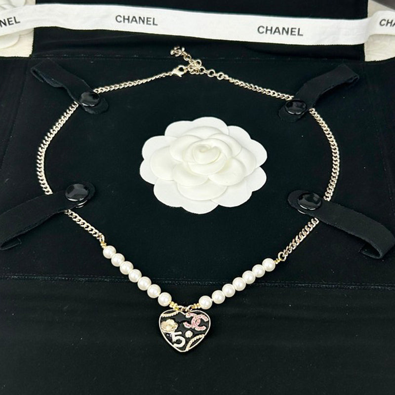 18K CC Pink & Black Heart Pearl Necklace