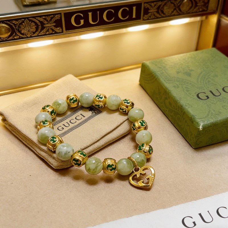 18K GG Anger Forest Green Bead Gold Chain Bracelet